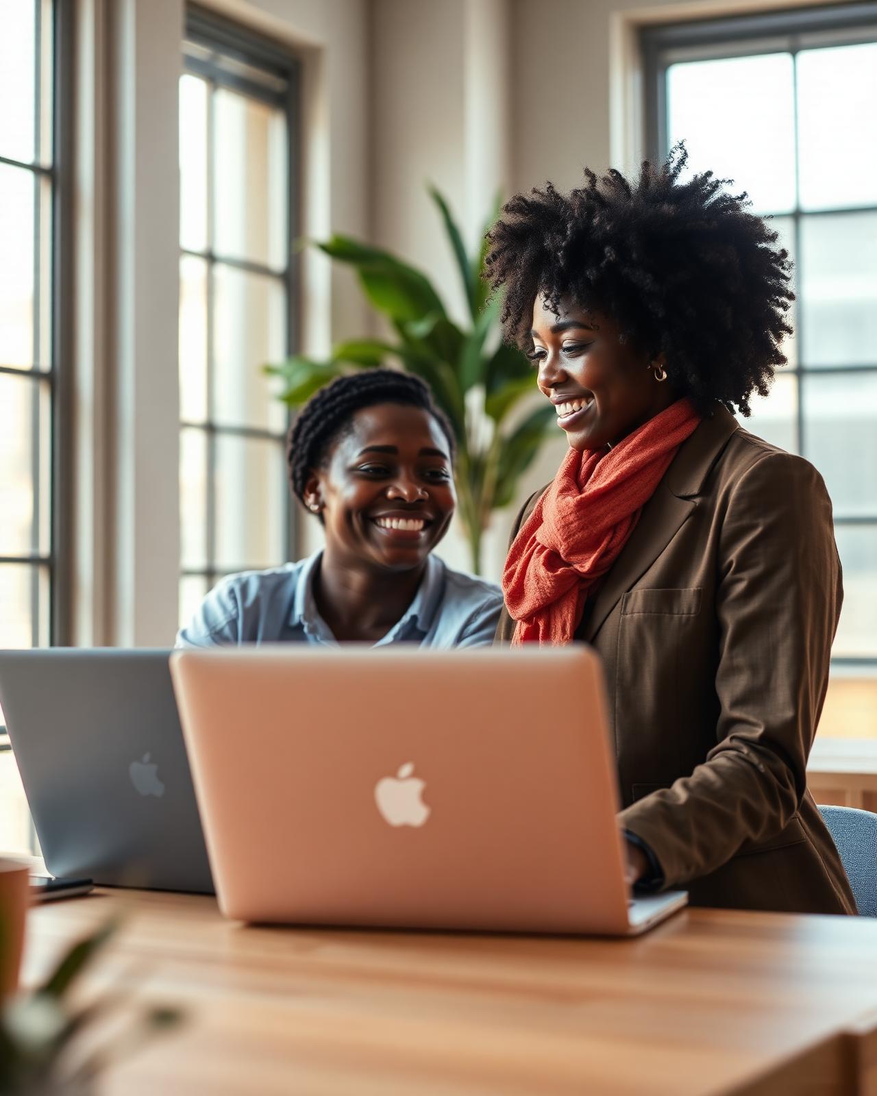 Two builders smiling at a laptop after shipping a milestone.