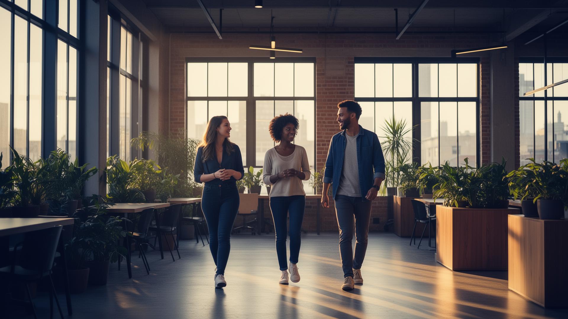 A small team walking through a sunlit co-working loft, mid-conversation.