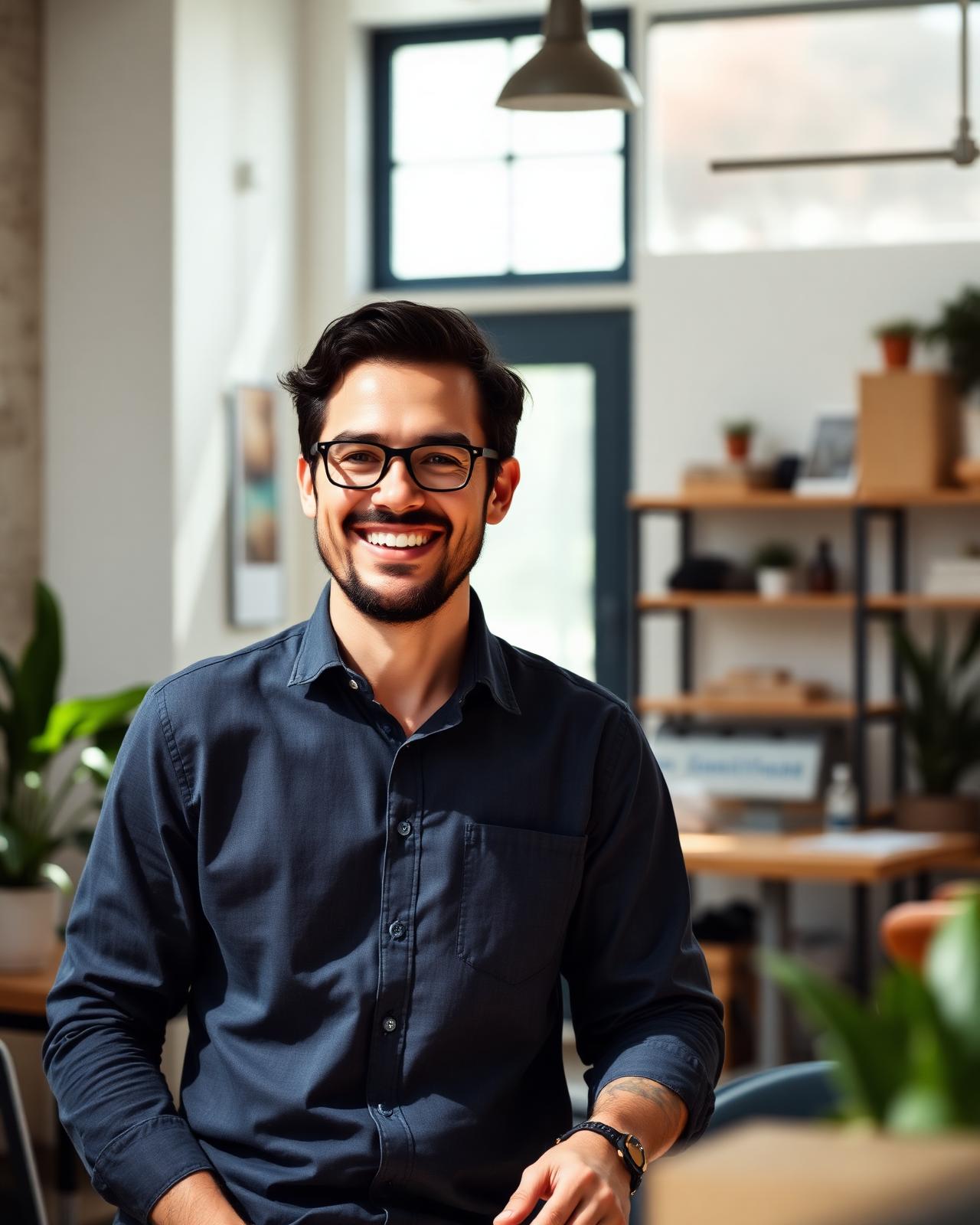 A friendly founder smiling, mid-conversation in a sunlit workspace.