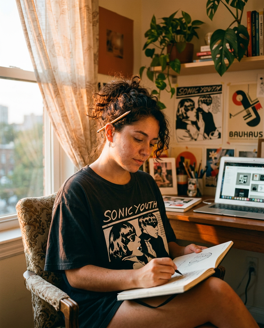 A young designer smiling in her studio.