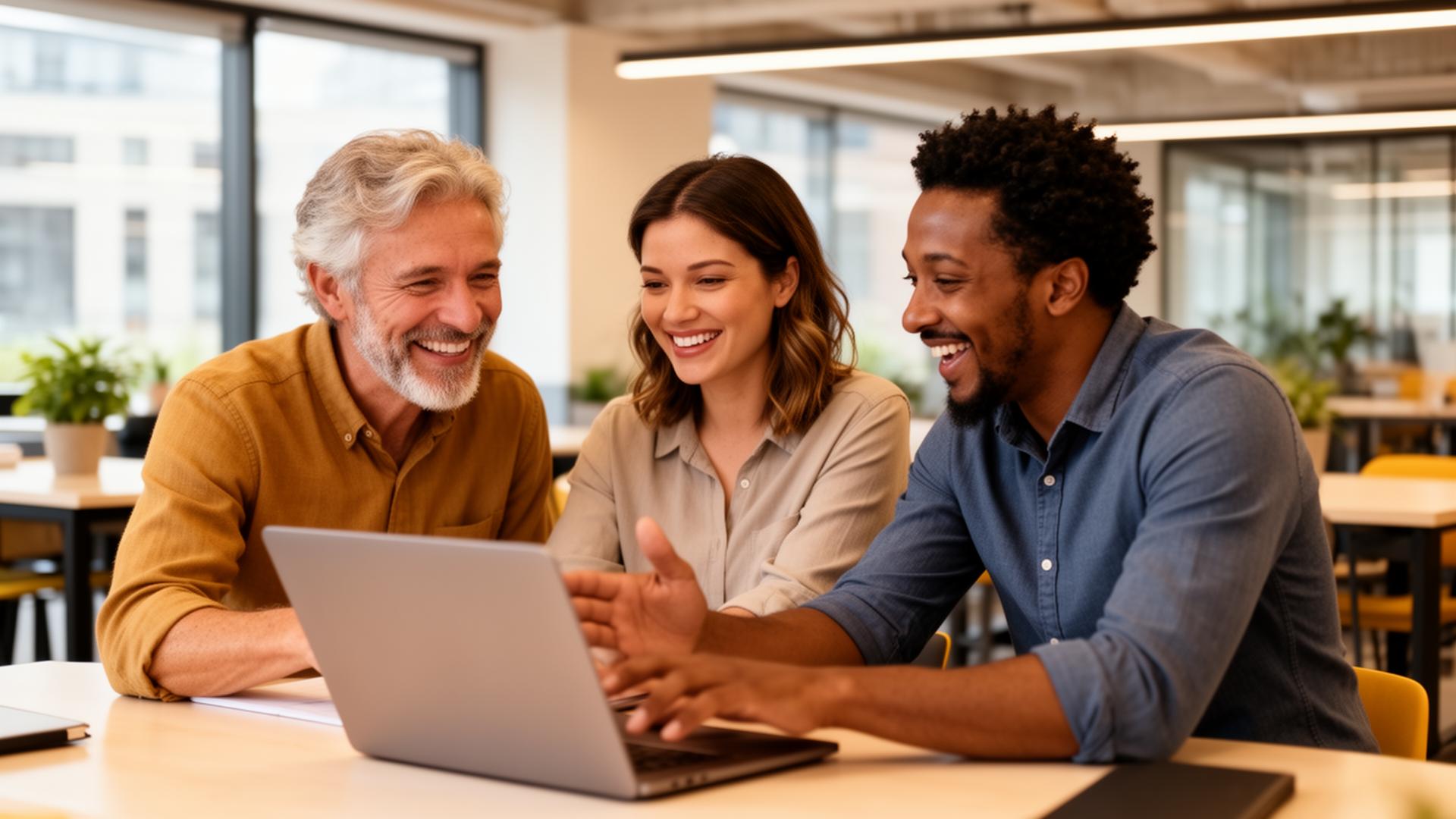 A small diverse team reviewing their plan together on a laptop in a sunlit co-working space.